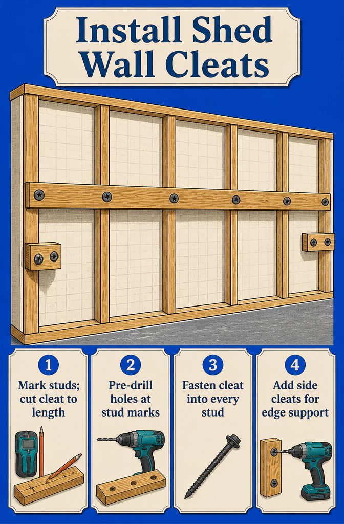 Wall cleat attached to shed studs with screws at marked locations