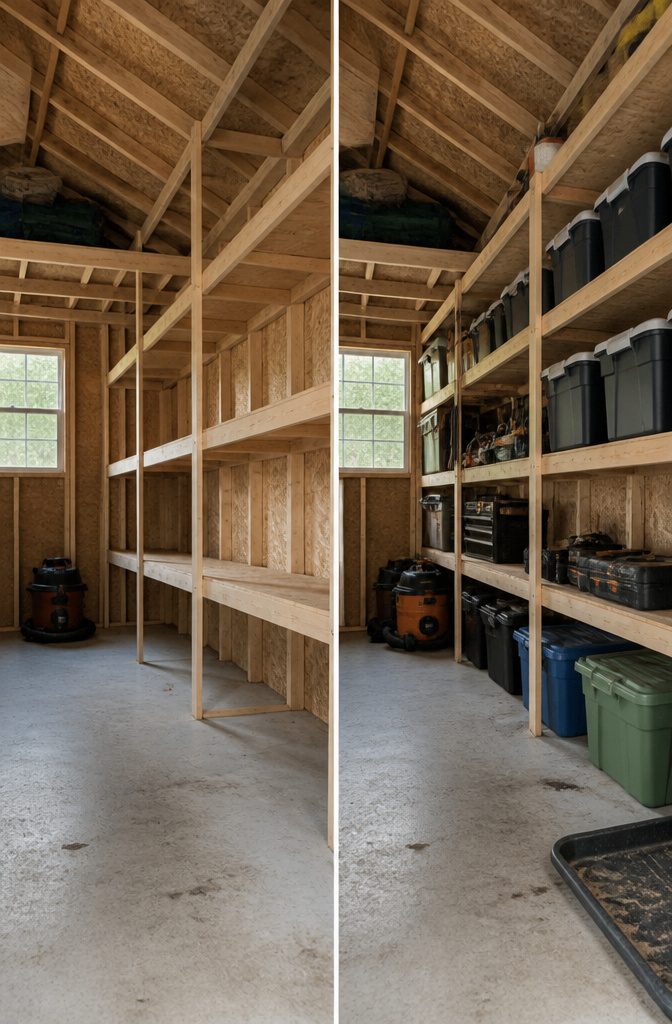 Shed shelves arranged with tall storage bins below and smaller items above