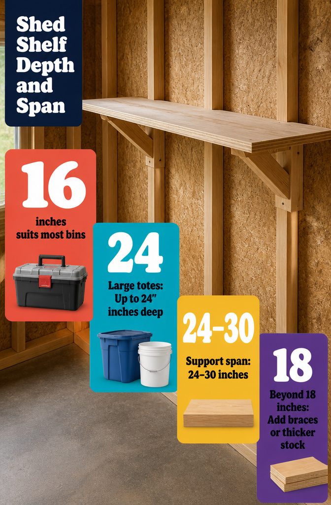 Shed shelf depth diagram showing a shelf projecting from the wall