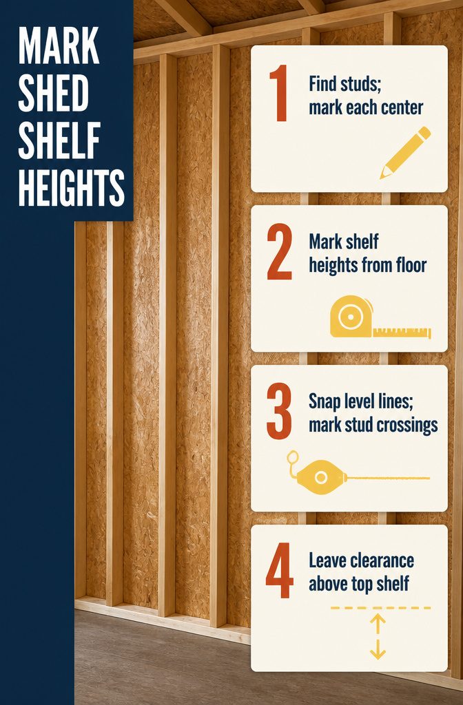 Shed wall with level chalk lines marking shelf heights across studs
