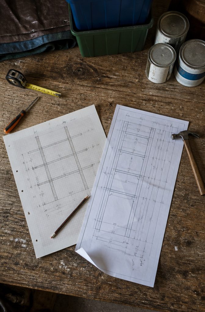 Shed shelf layout sketch with marked widths heights and spacing