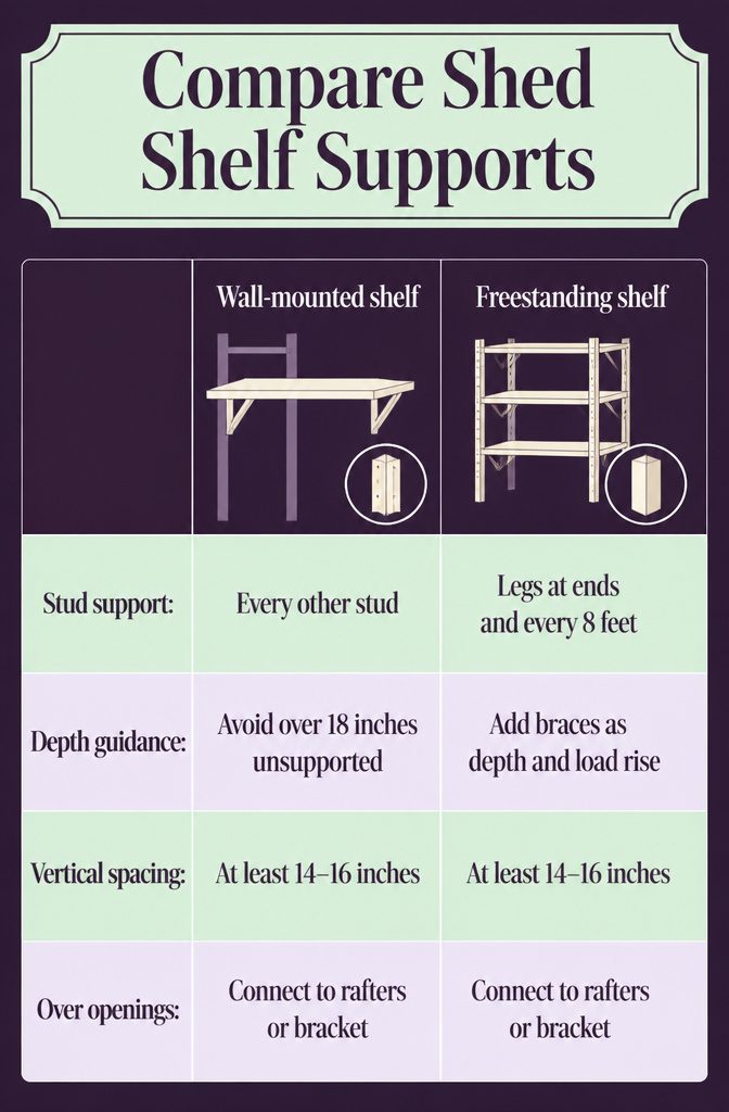 Shed shelf support diagram comparing wall cleats legs and angled braces