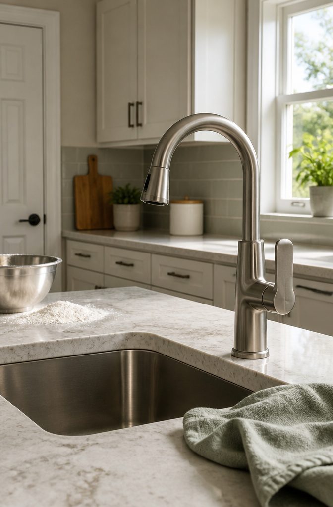 Kitchen faucet with a lever handle above a sink