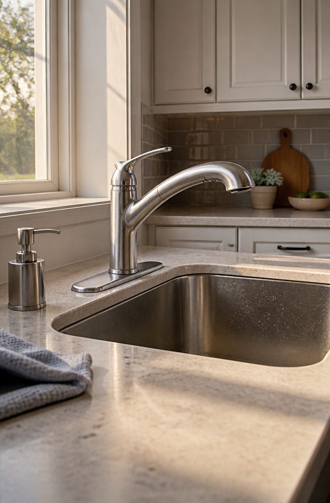 Single-handle faucet with deck plate covering extra openings on a stainless sink