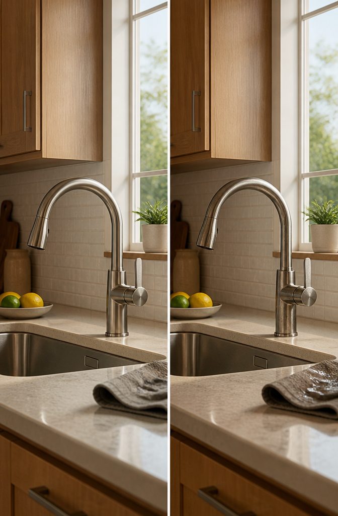 Kitchen faucet shown with its metal body and visible surface finish