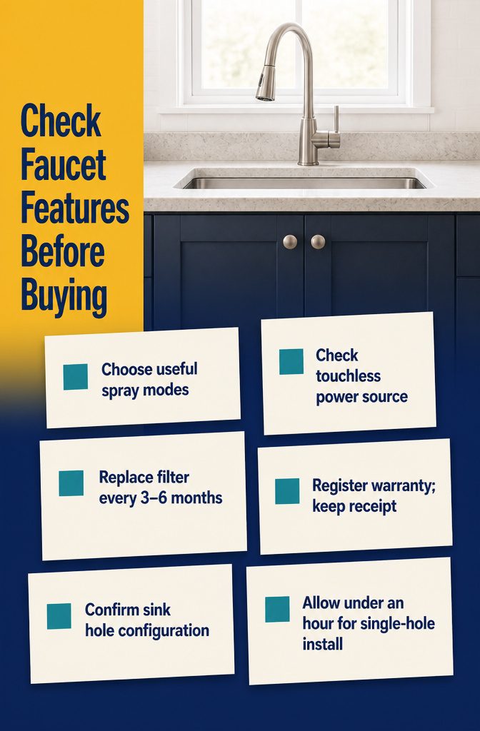 Faucet buying checklist graphic with feature reminders