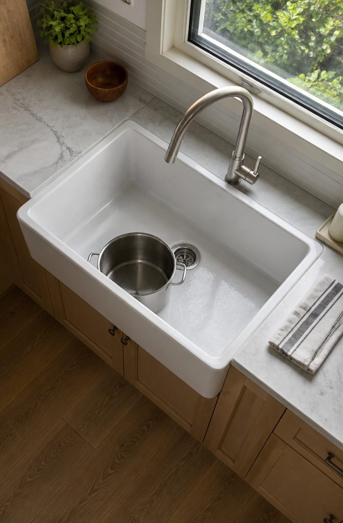 Kitchen faucet over a sink with cabinets above and counter around it