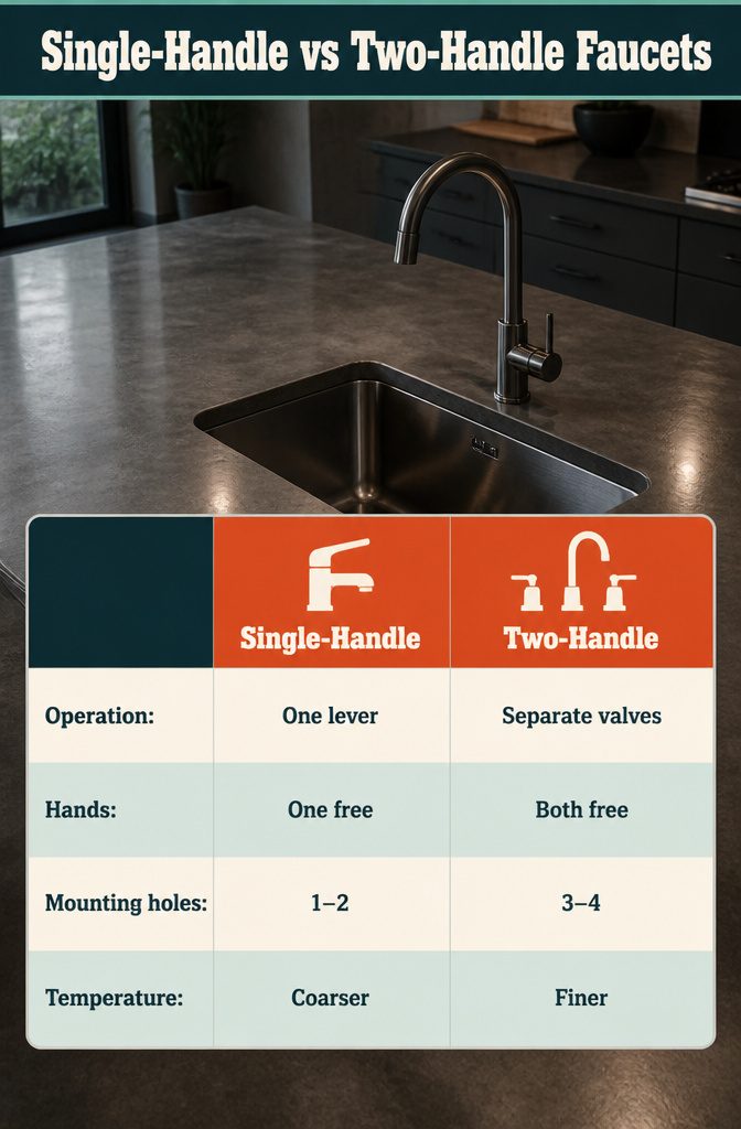 Single-handle faucet beside a two-handle faucet in a comparison graphic