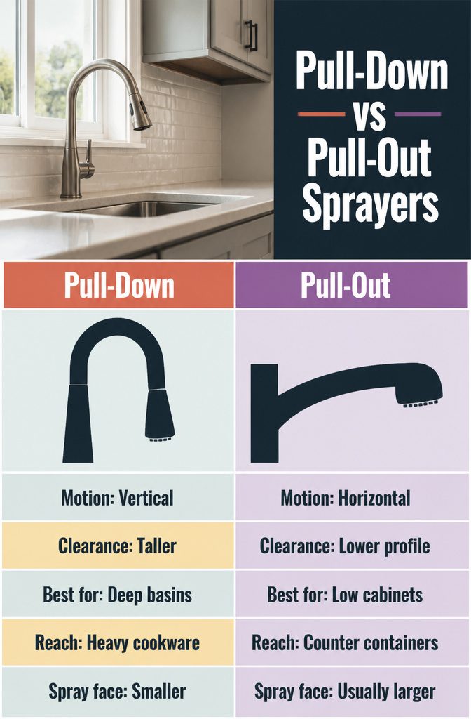 Pull-down faucet beside a pull-out faucet with extended spray heads