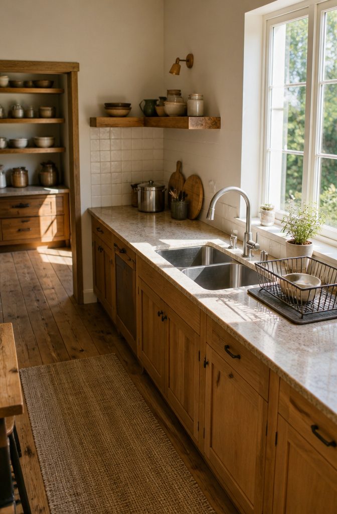 Kitchen faucet above a sink with counter space and kitchen cabinets nearby