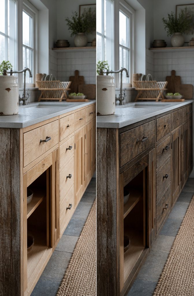 Rustic kitchen cabinets showing natural wood grain and knots