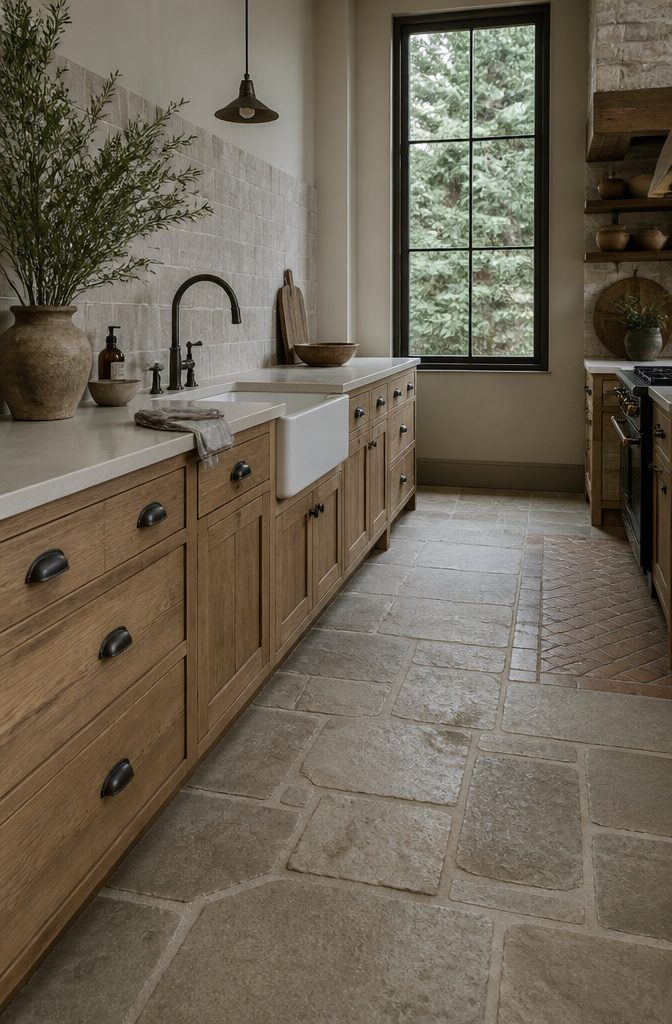 Rustic kitchen cabinets with bronze pulls and coordinated fixtures