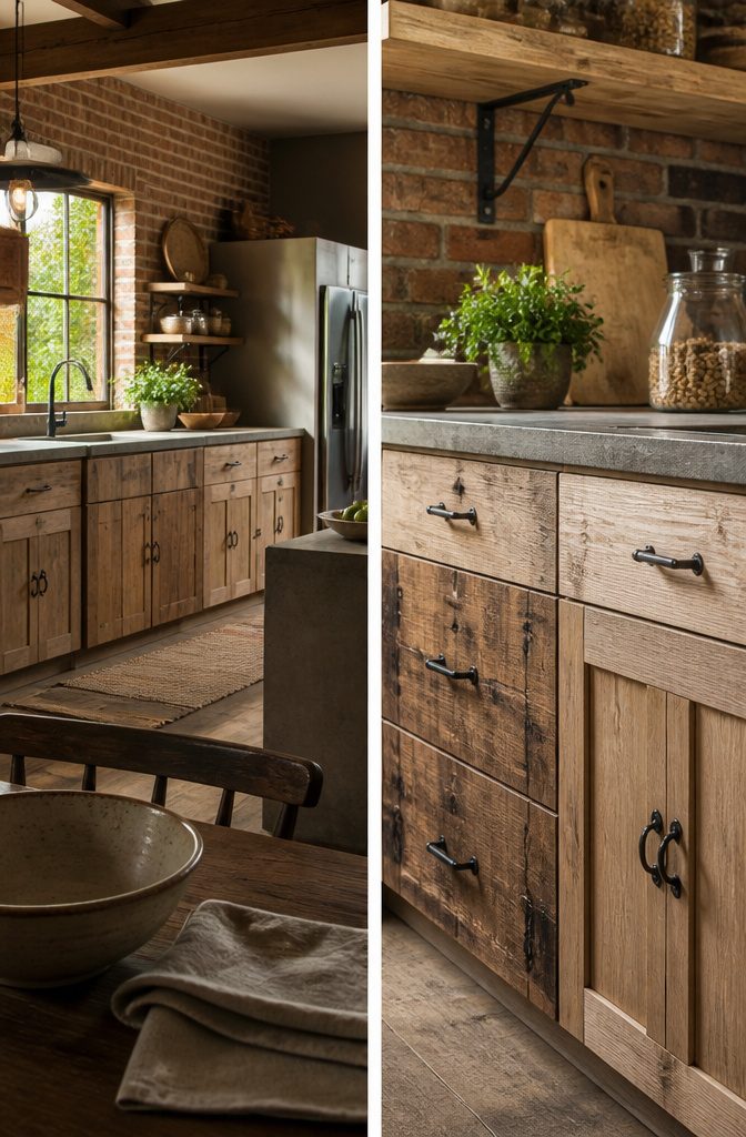 Rustic kitchen cabinets in a kitchen setting with natural materials and a relaxed feel