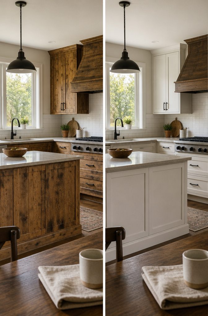 Rustic wood island beside white cabinets with light countertops and black fixtures