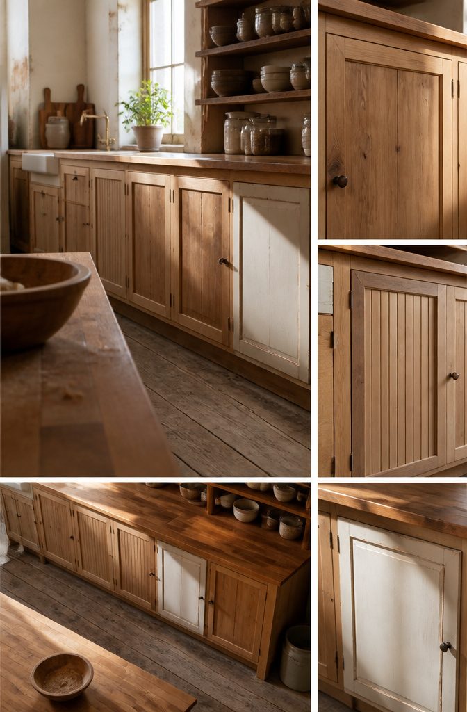 Rustic kitchen cabinets with Shaker doors and a textured surface finish