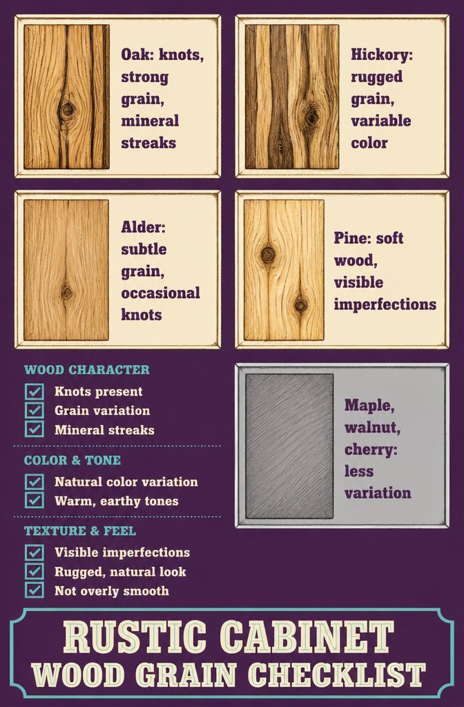 Rustic wood grain checklist featuring knots, mineral streaks, and varied grain