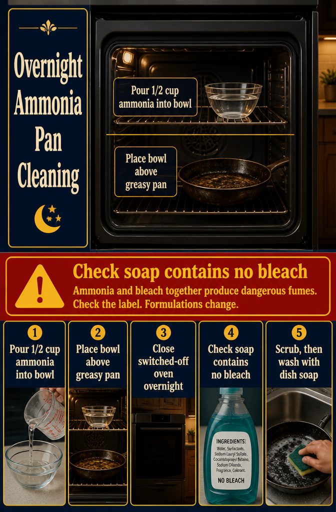 How to Clean Baking Pans: 15 Methods That Work 5 Information graphic about overnight ammonia cleaning for a baking pan