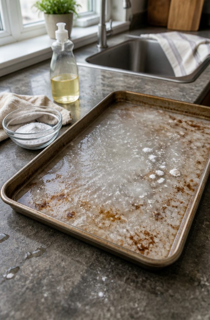 How to Clean Baking Pans: 15 Methods That Work 4 Baking pan with hot water and baking soda covering stained areas