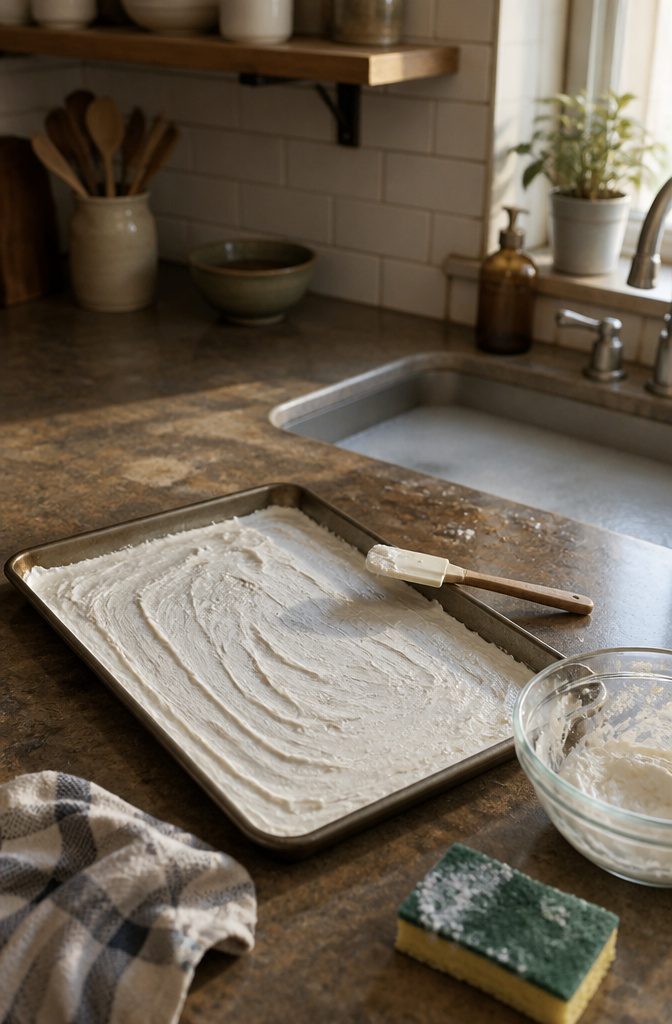 How to Clean Baking Pans: 15 Methods That Work 3 Stained baking sheet covered with pale paste beside a spatula and bowl