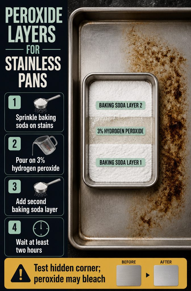 How to Clean Baking Pans: 15 Methods That Work 7 Information graphic showing peroxide and baking soda layers on a stainless pan