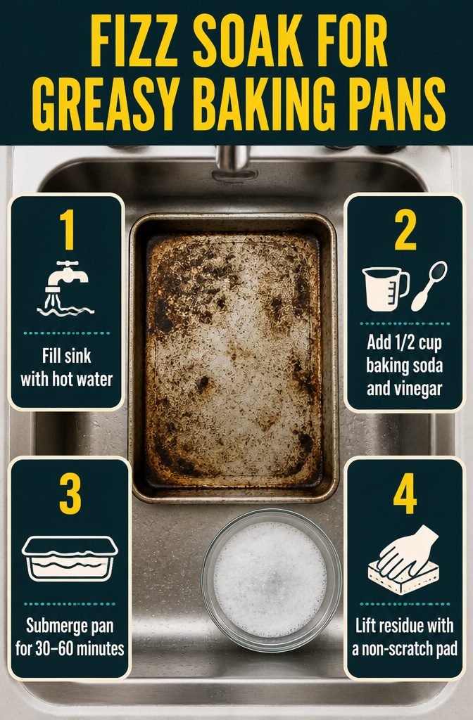 How to Clean Baking Pans: 15 Methods That Work 2 Information graphic about a fizzing soak for greasy baking pans