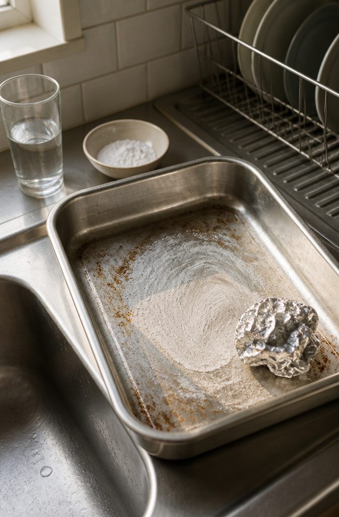 How to Clean Baking Pans: 15 Methods That Work 6 Crumpled aluminum foil beside white paste on a stainless steel pan