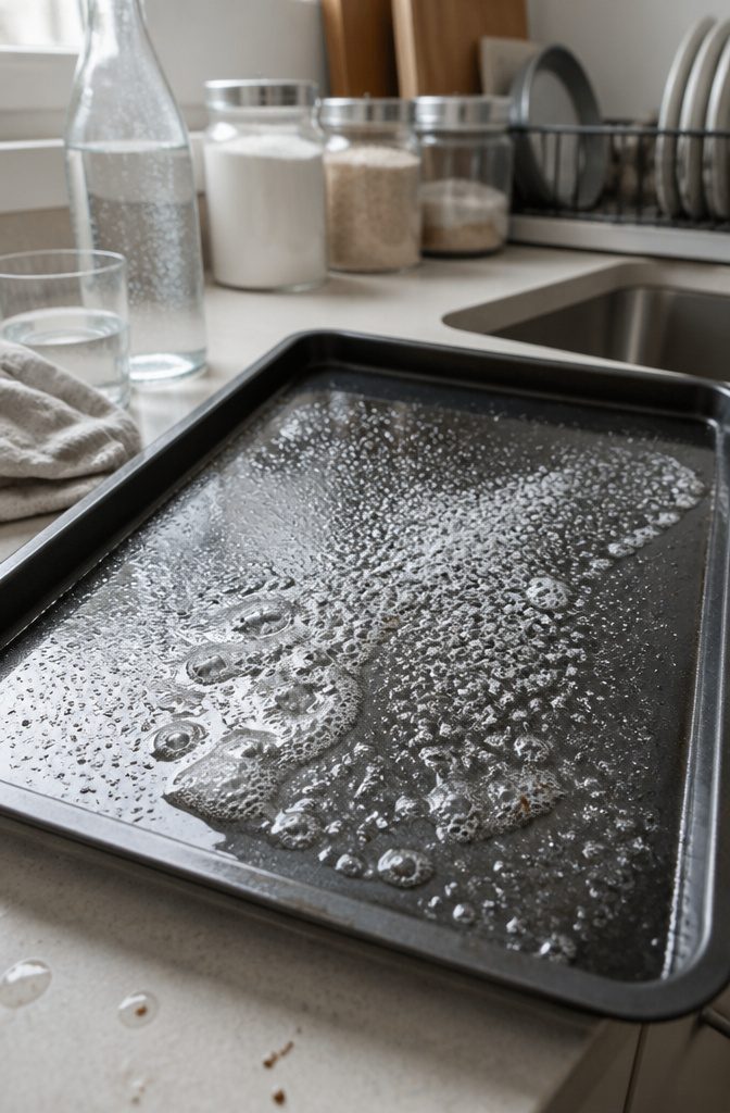 How to Clean Baking Pans: 15 Methods That Work 11 Baking pan with club soda fizzing over greasy spots
