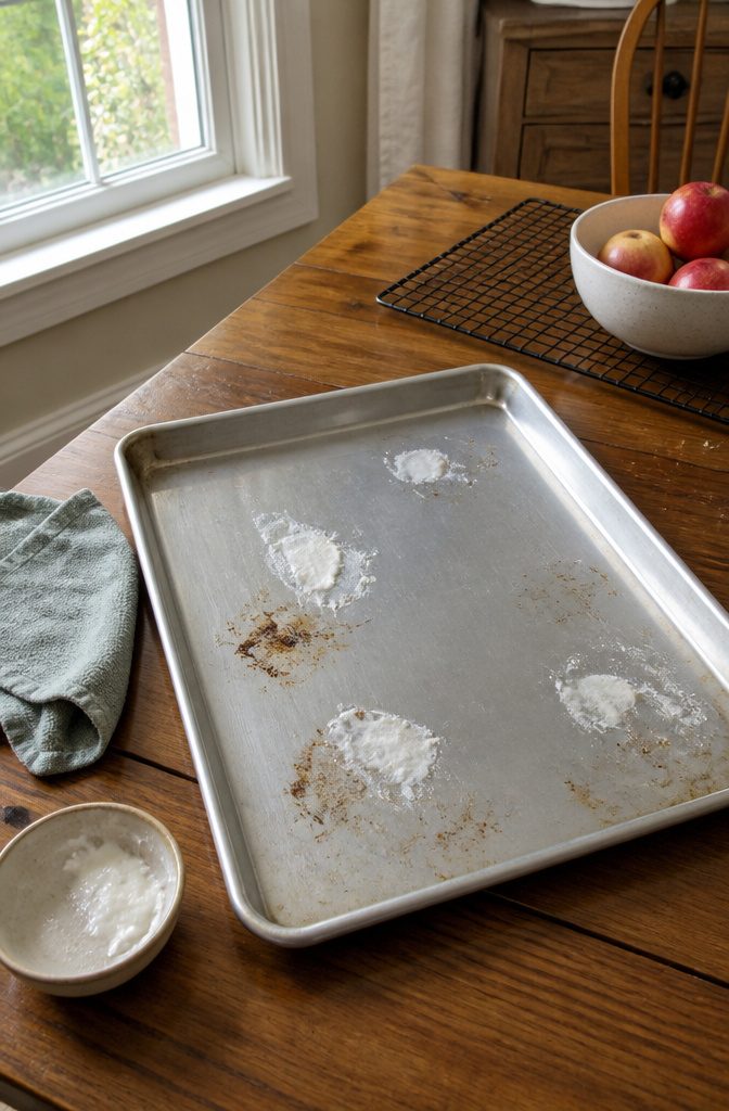 How to Clean Baking Pans: 15 Methods That Work 10 Stainless steel pan with cornstarch paste beside a damp cloth and bowl