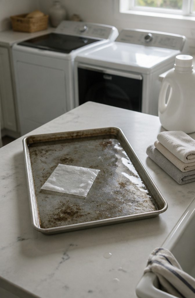 How to Clean Baking Pans: 15 Methods That Work 15 Dirty sheet pan filled with warm water and a floating white softener sheet