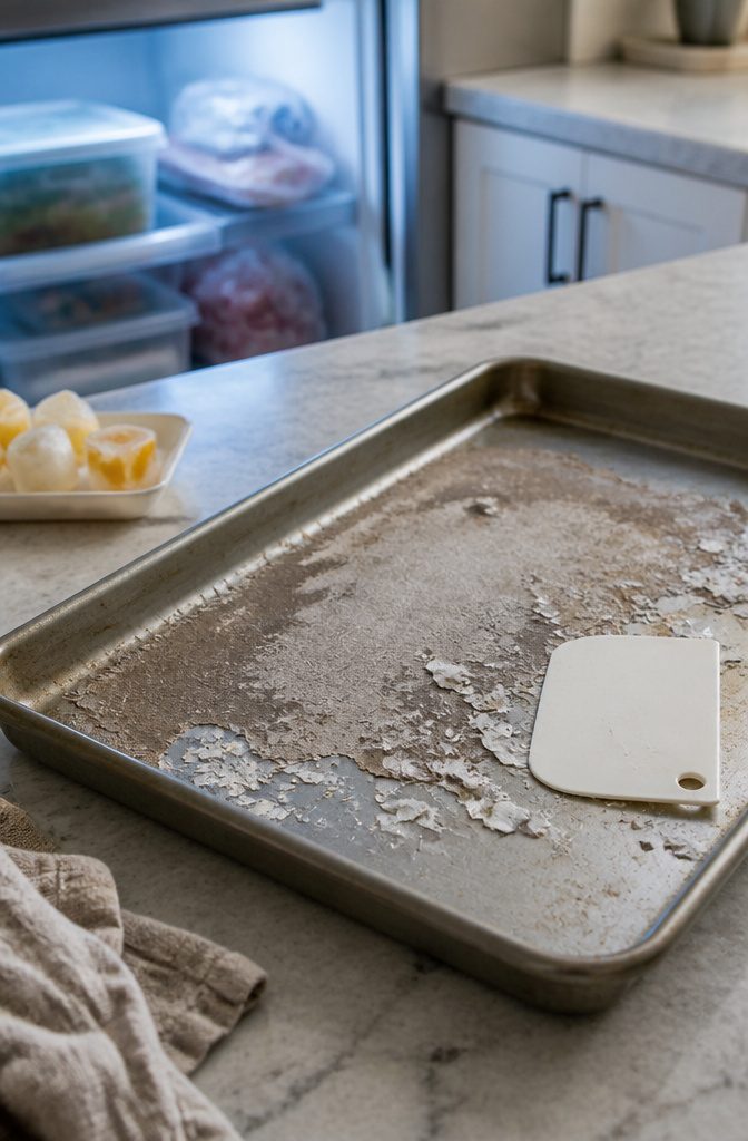 How to Clean Baking Pans: 15 Methods That Work 14 Baking pan in a freezer beside a plastic scraper