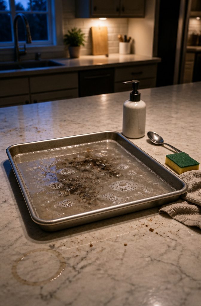 How to Clean Baking Pans: 15 Methods That Work 8 Baking pan soaking in hot water with dish soap and baking soda