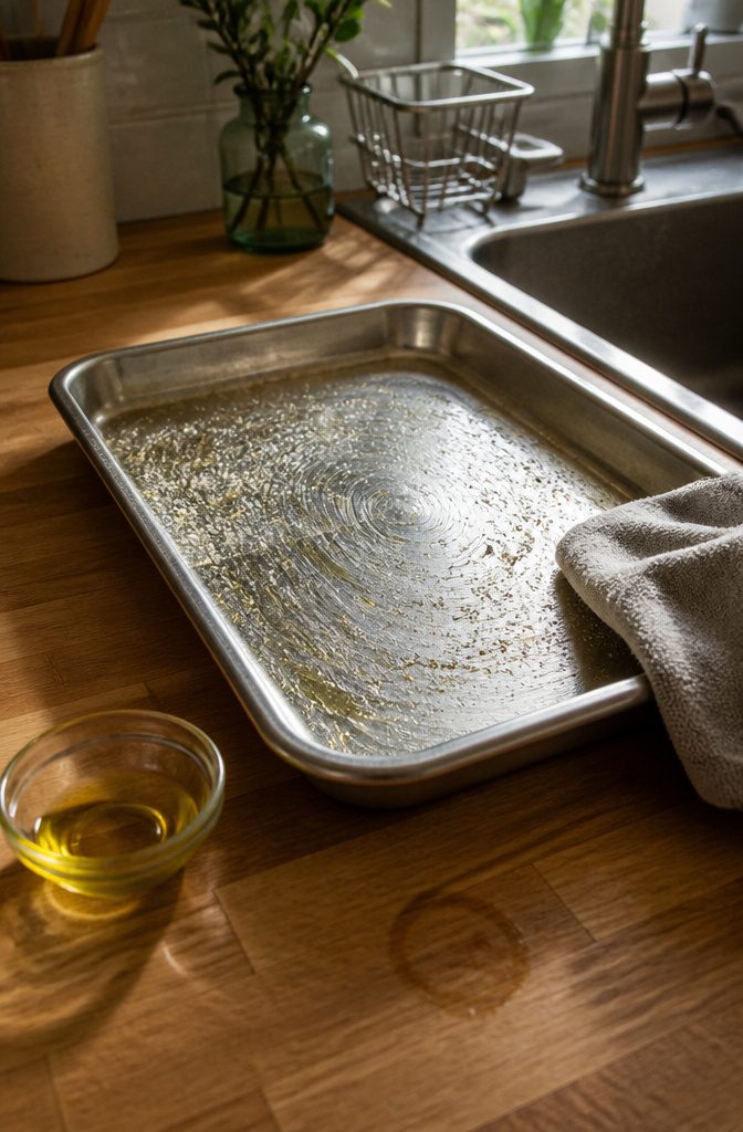 How to Clean Baking Pans: 15 Methods That Work 13 Stainless pan with olive oil and coarse salt beside a cloth and dish