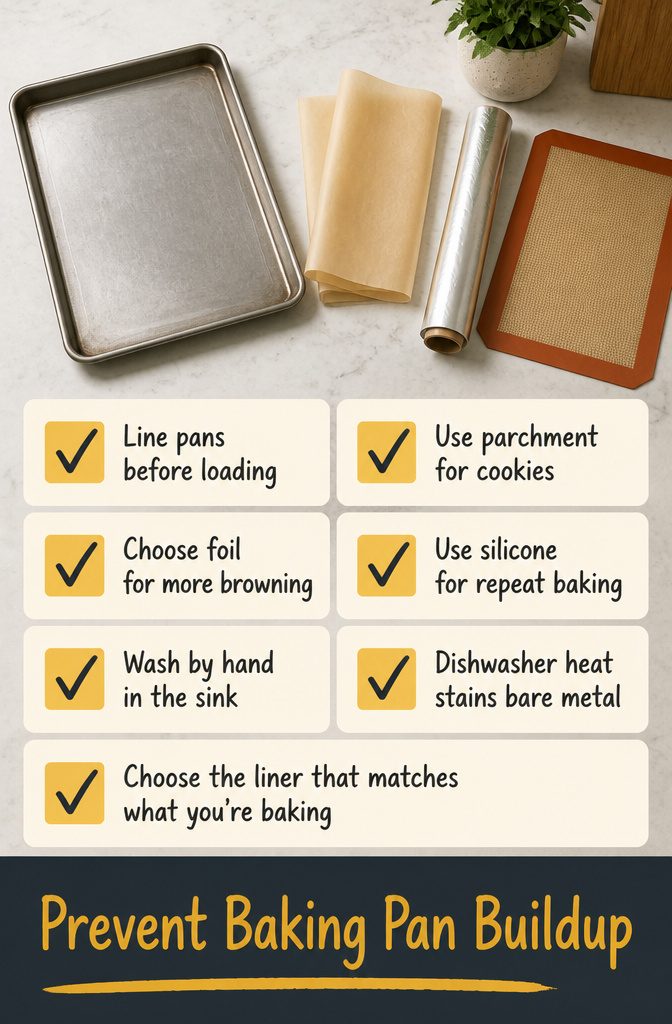 How to Clean Baking Pans: 15 Methods That Work 18 Information graphic showing parchment foil and silicone liners for baking pans