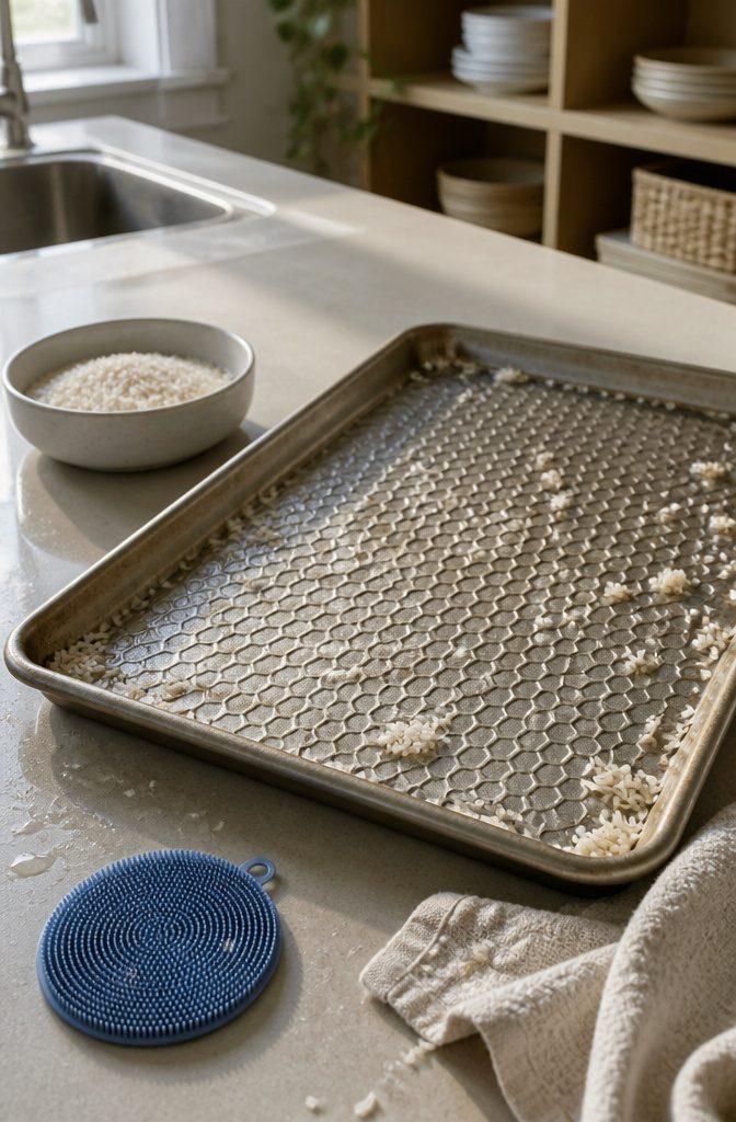 How to Clean Baking Pans: 15 Methods That Work 12 Honeycomb baking sheet with damp rice grains beside a bowl and scrubber