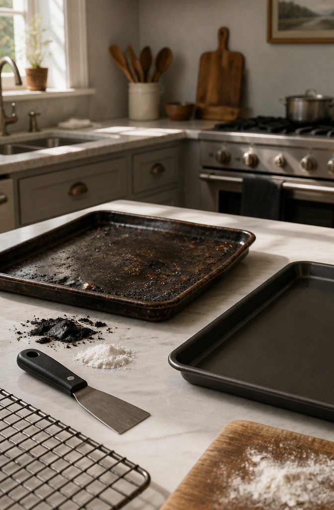 How to Clean Baking Pans: 15 Methods That Work 19 Warped blackened baking pan beside a clean carbon steel pan and scraper