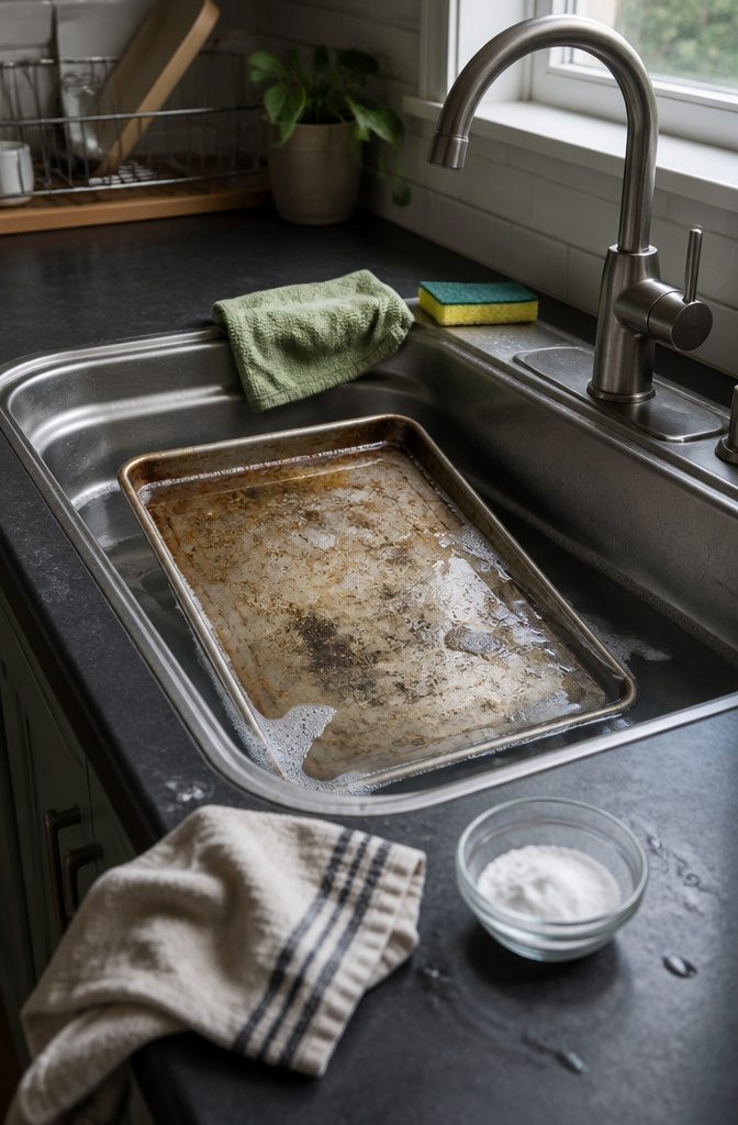 How to Clean Baking Sheets: 5 Methods That Actually Work 3 Stainless steel baking pan soaking in hot water with baking soda and vinegar
