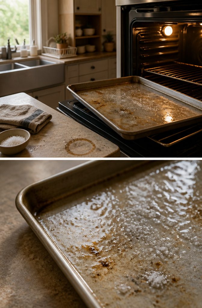 How to Clean Baking Sheets: 5 Methods That Actually Work 2 Baking sheet prepared for a cleaning method using hot water and a softening soak