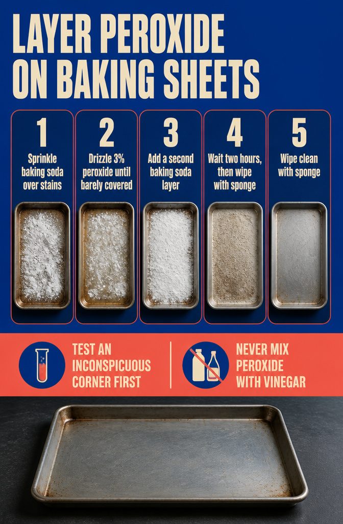 How to Clean Baking Sheets: 5 Methods That Actually Work 4 Baking sheet with layers of baking soda and hydrogen peroxide over stained metal