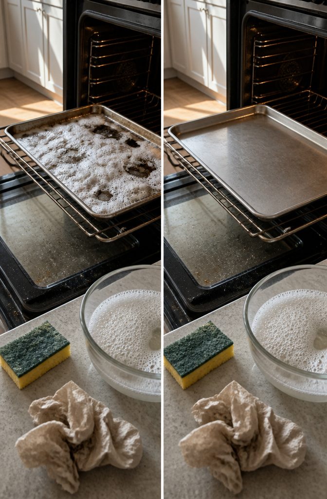 How to Clean Baking Sheets: 5 Methods That Actually Work 6 Baking sheet coated with foaming oven cleaner for removing dark grease buildup