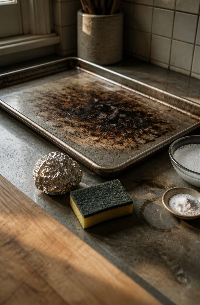 How to Clean Baking Sheets: 5 Methods That Actually Work 5 Baking sheet with foil, a sponge, and scrubbing tools arranged nearby
