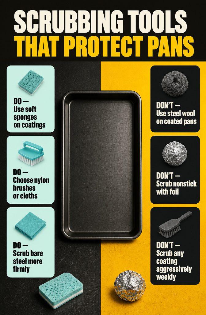 How to Clean Baking Sheets: 5 Methods That Actually Work 8 Guide showing scrubbing tools for nonstick, ceramic, aluminum, and stainless steel pans