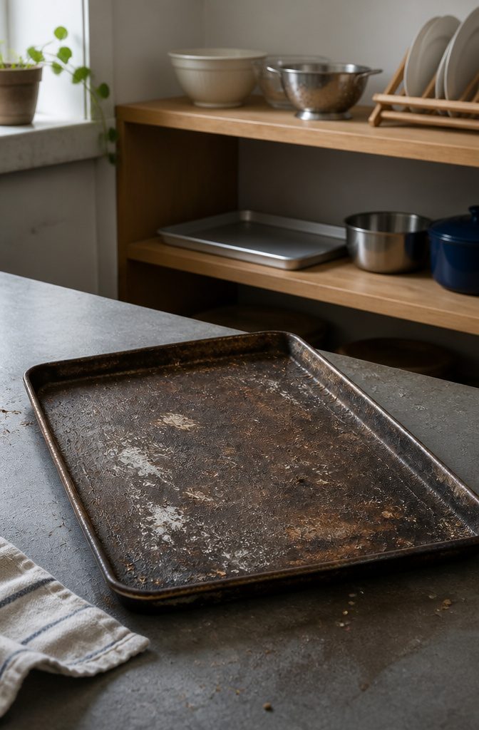 How to Clean Baking Sheets: 5 Methods That Actually Work 9 Warped baking sheet with flaking coating beside a clean aluminum half-sheet pan
