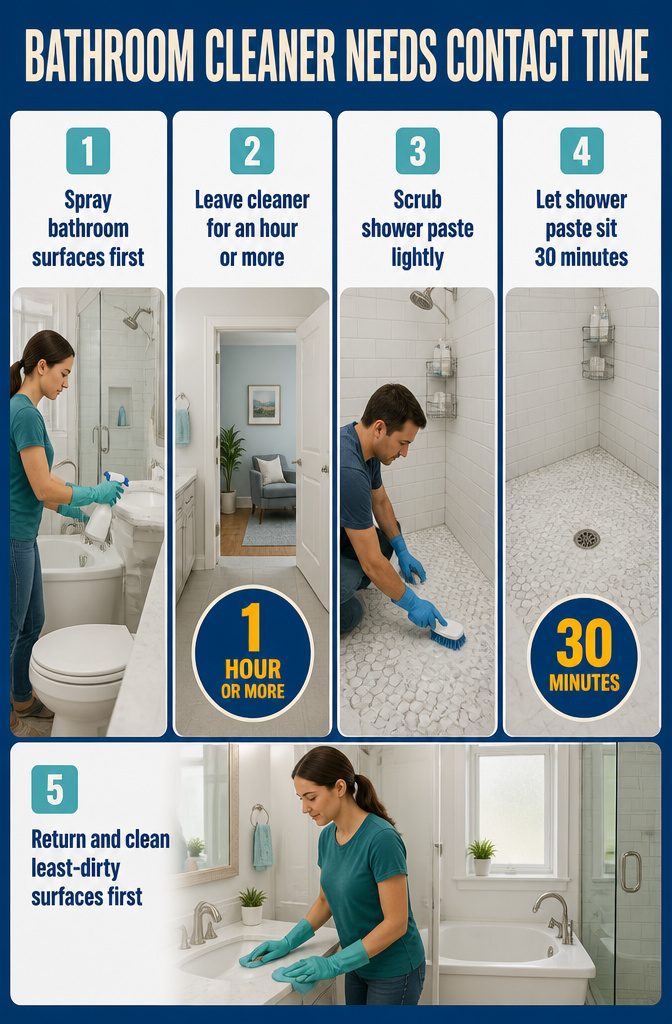Bathroom cleaner label reads Bathroom Cleaner Needs Contact Time