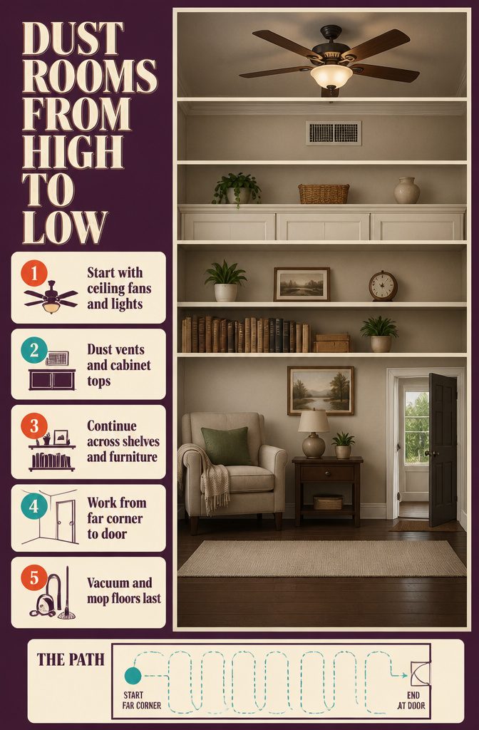 Dusting guide titled Dust Rooms from High to Low