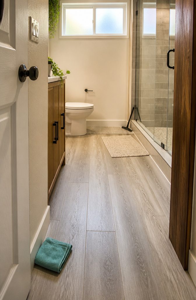 Bathroom floor with visible grain and wiped baseboards door handle and light switch