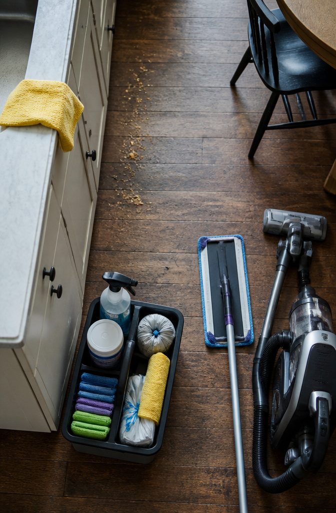 Cleaning caddy with spray bottles and cloths arranged for a house cleaning