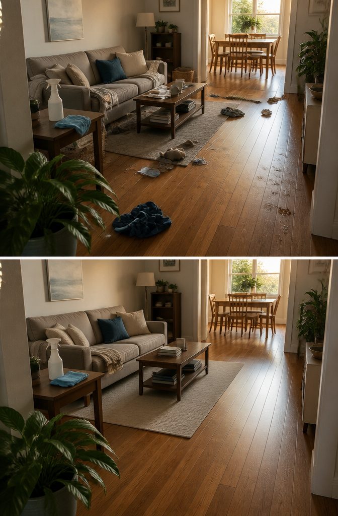 Home cleaning supplies set out beside a tidy room