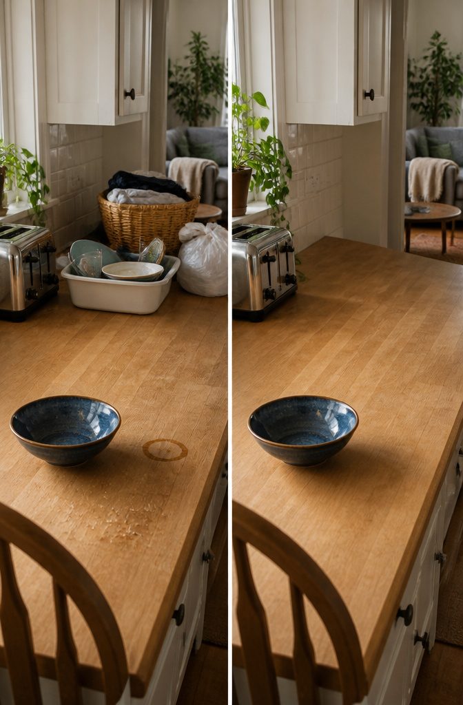 Household clutter grouped into dishes, laundry, and trash before cleaning