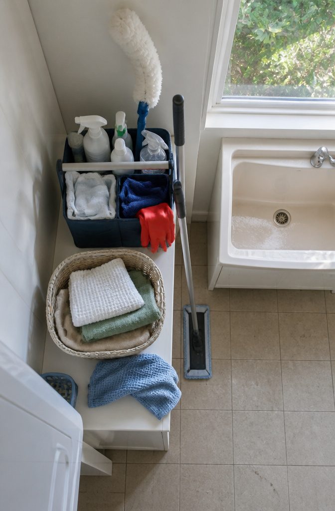 Household cleaning supplies including microfiber cloths gloves and a Swiffer duster