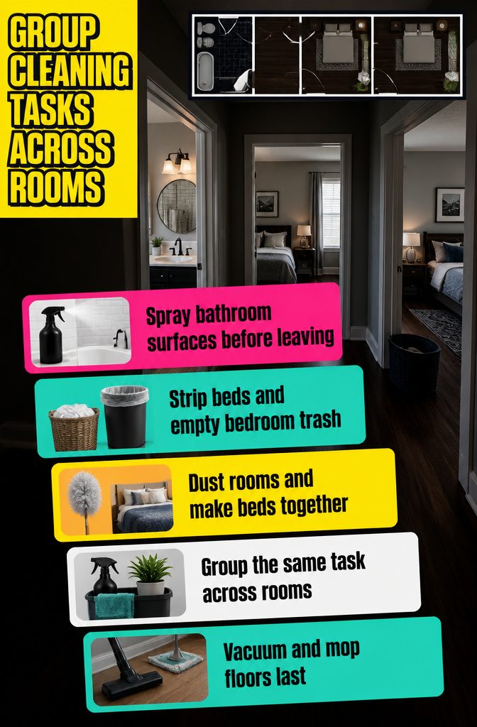 Cleaning guide titled Group Cleaning Tasks Across Rooms